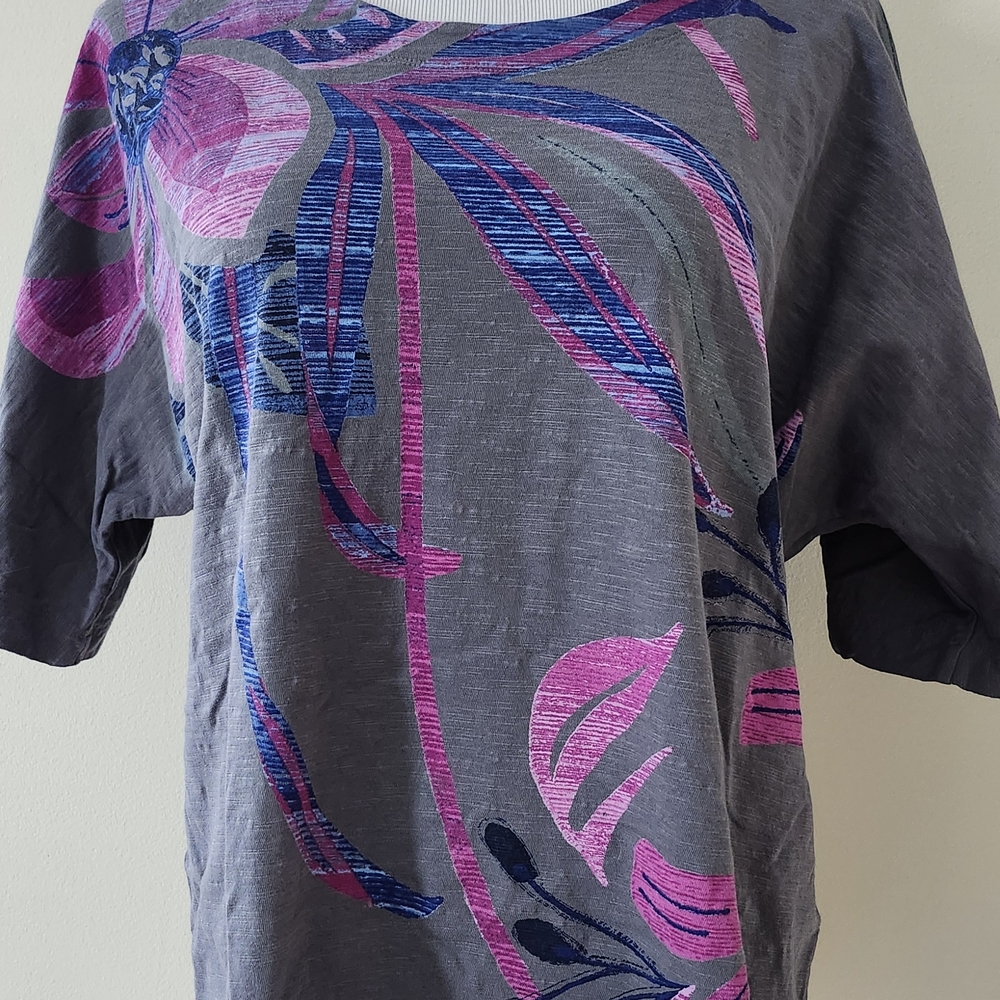 Chico's Weekends Gray Tee with Pink and Blue Floral Design